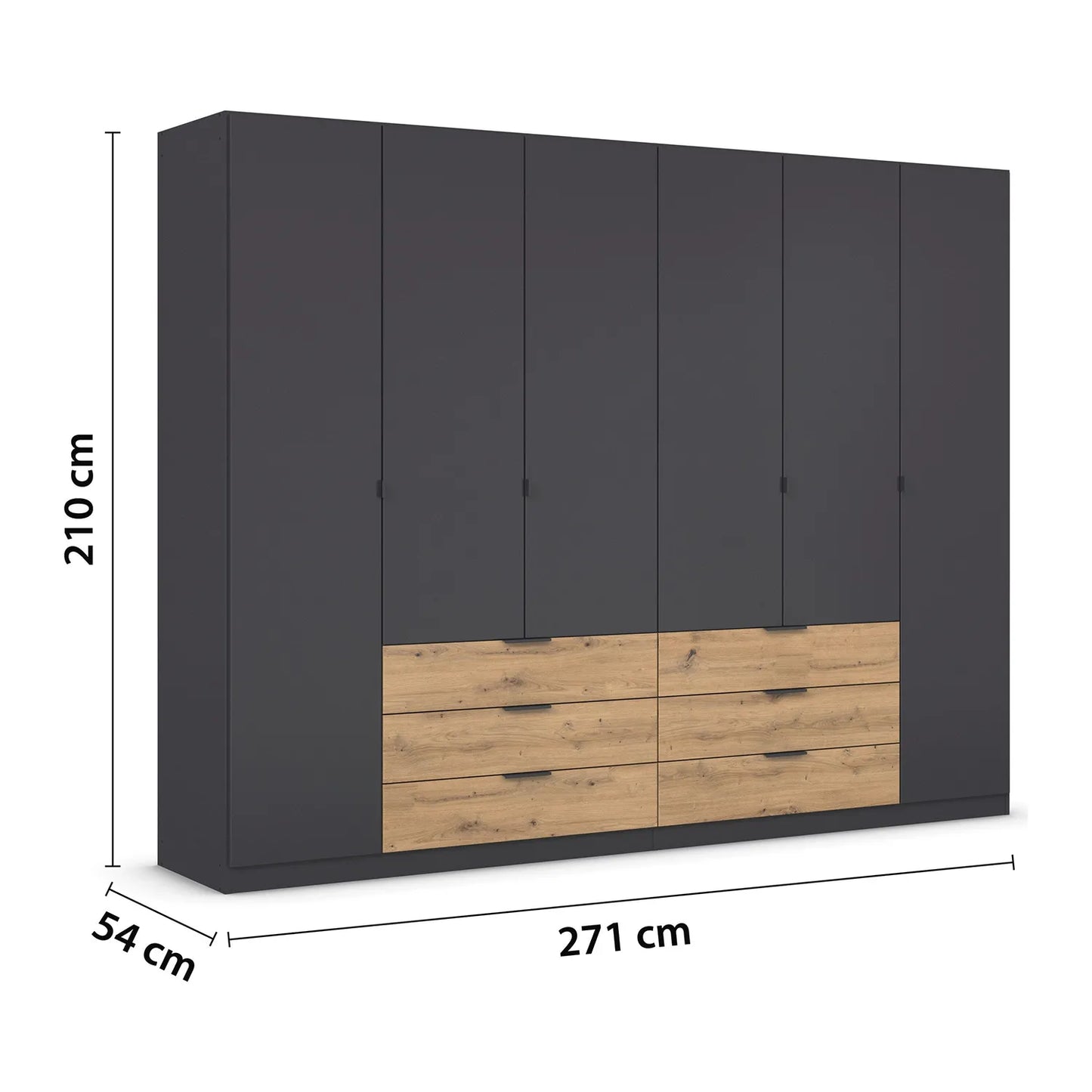 Metallic Grey wardrobe with six drawers and four mirror panels and dimensions on a white background
