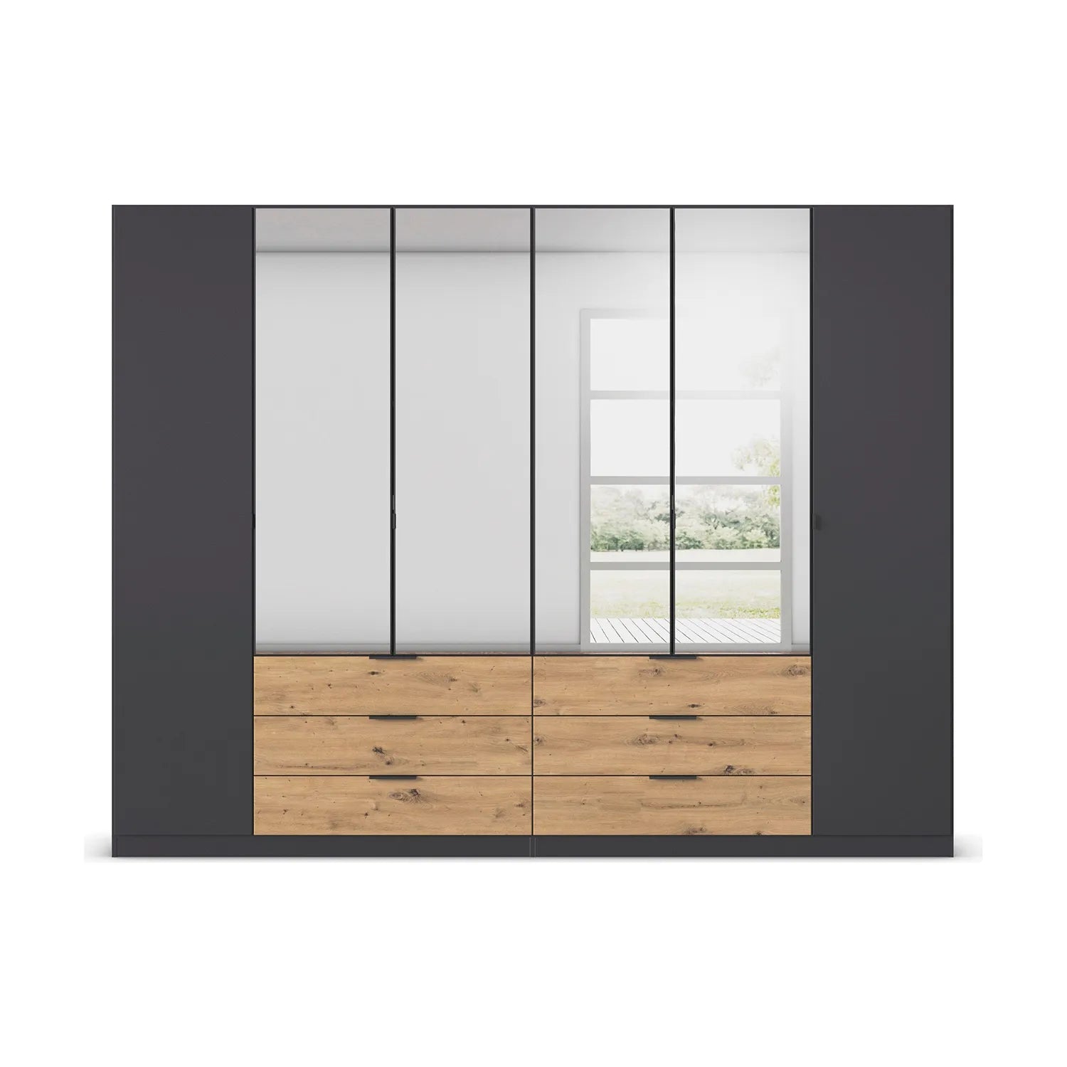 6 Door 6 Drawer Large Hinged Door Wardrobes in Metallic Grey colour with Mirror on the middle doors