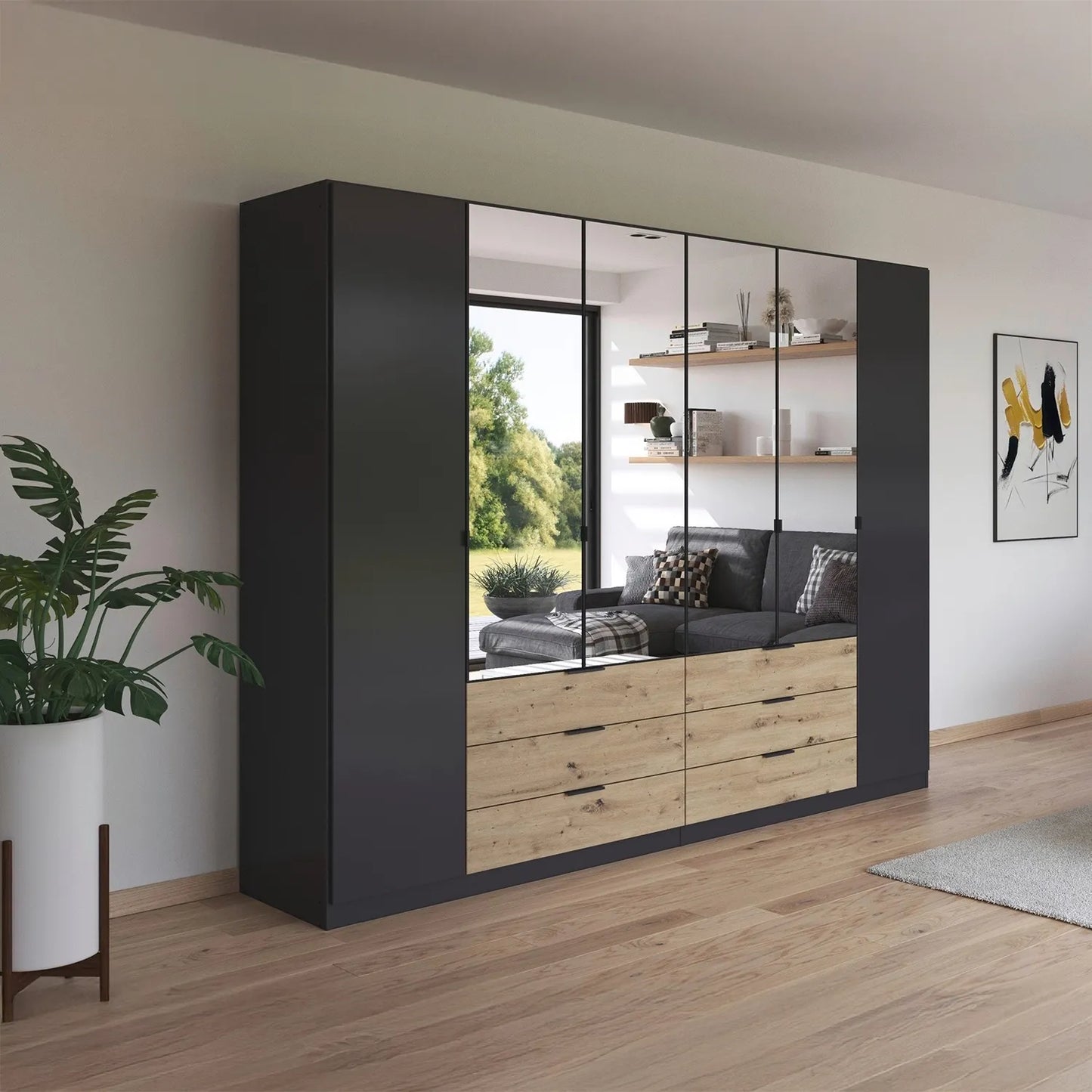Rauch Davo Metallic Grey 6 door wardrobe with four mirrored doors and six Oak drawers