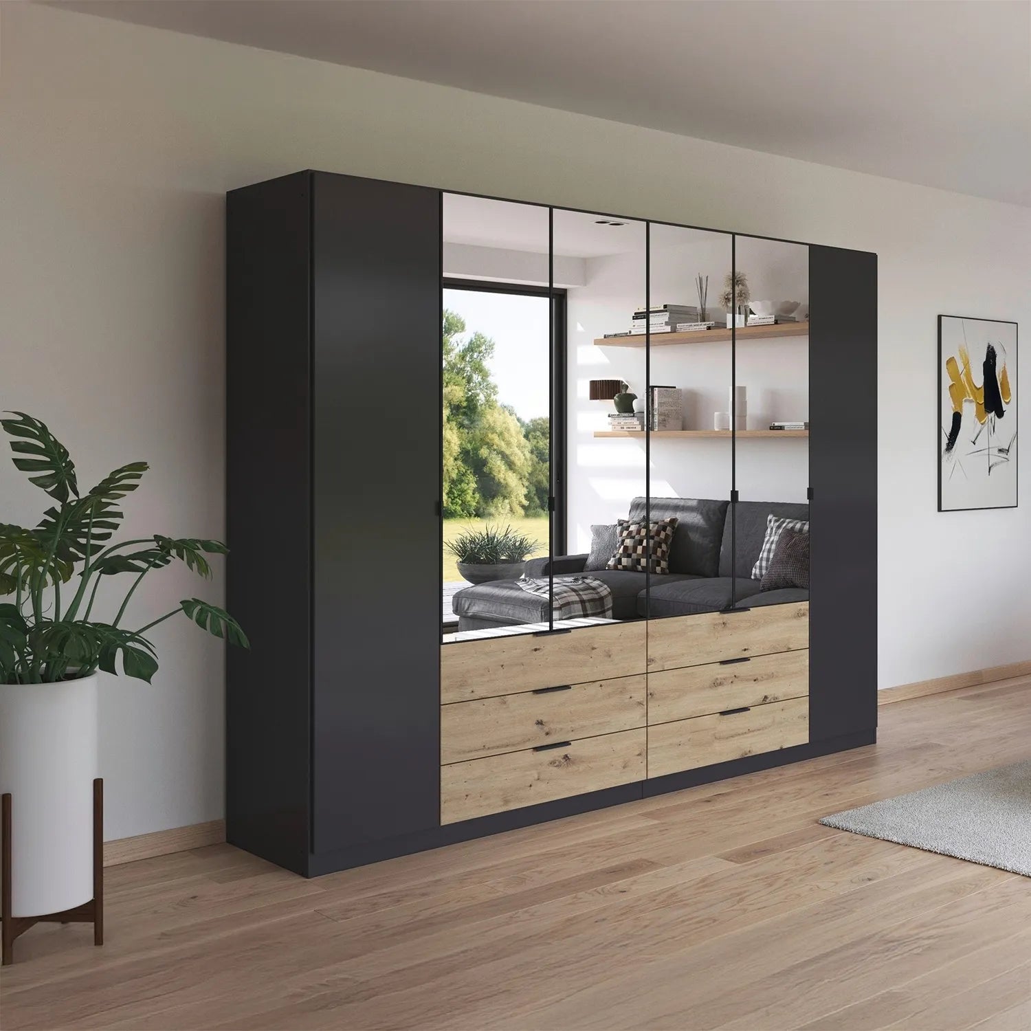 Rauch Davo Metallic Grey 6 door wardrobe with four mirrored doors and six Oak drawers