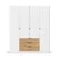 White 4 door wardrobe with wooden drawers on a white background