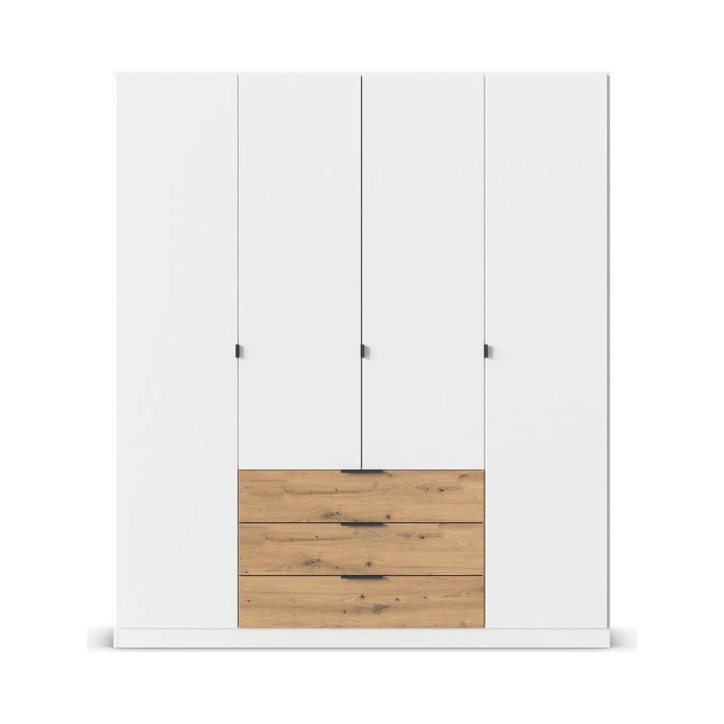 White 4 door wardrobe with wooden drawers on a white background