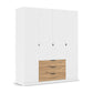 Rauch White 4 Door wardrobe with wooden drawer on a white background
