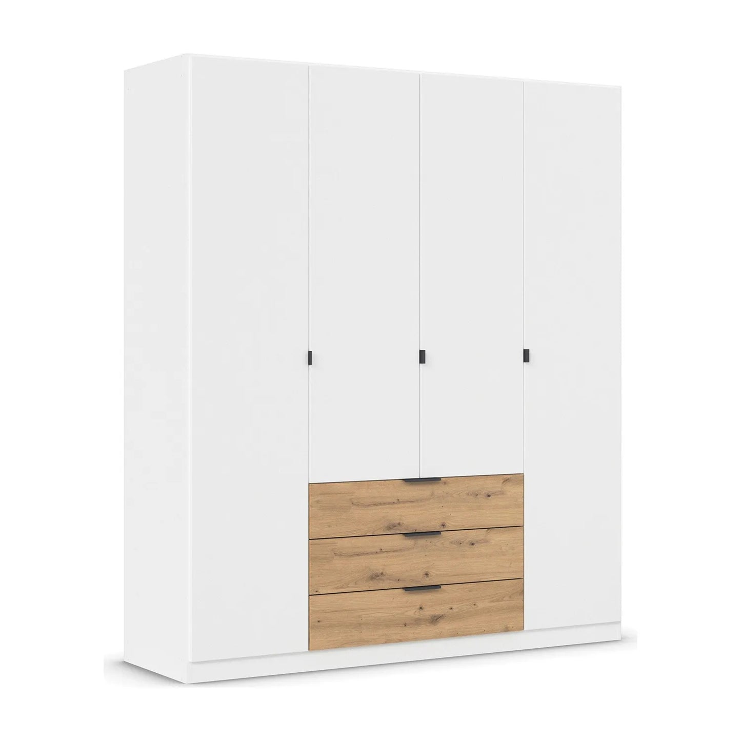 Rauch White 4 Door wardrobe with wooden drawer on a white background