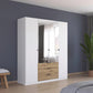 Modern White 4 door wardrobe with mirror panels and contrasting oak drawers