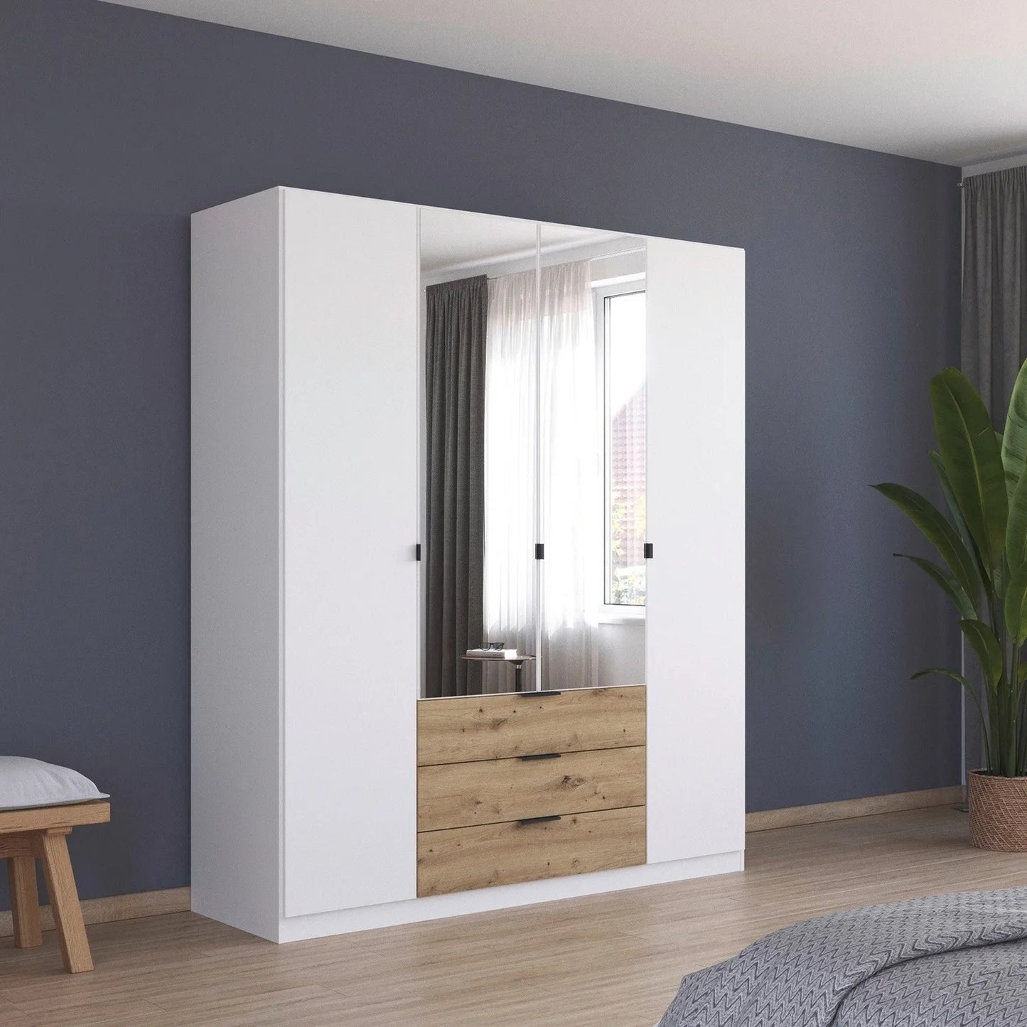 Modern White 4 door wardrobe with mirror panels and contrasting oak drawers