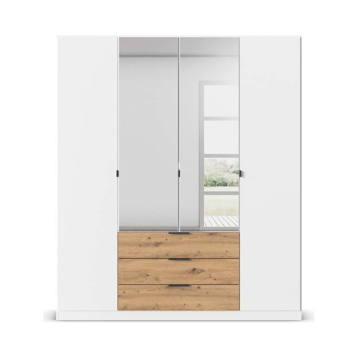 Rauch White wardrobe with wooden drawers and Mirror on a white background