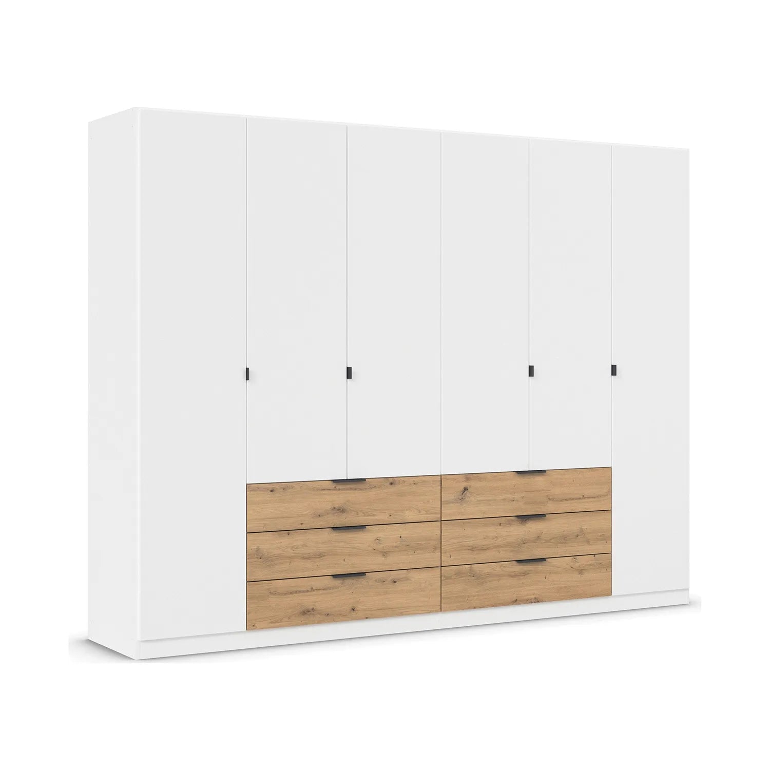 White wardrobe with wooden drawers on a white background