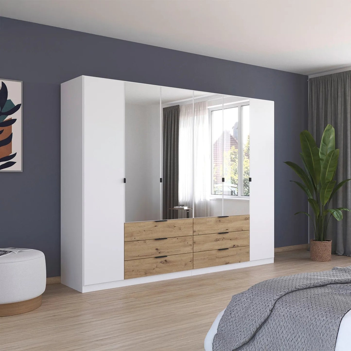 Rauch Davo White  6 door wardrobe with four mirrored doors and six Oak drawers