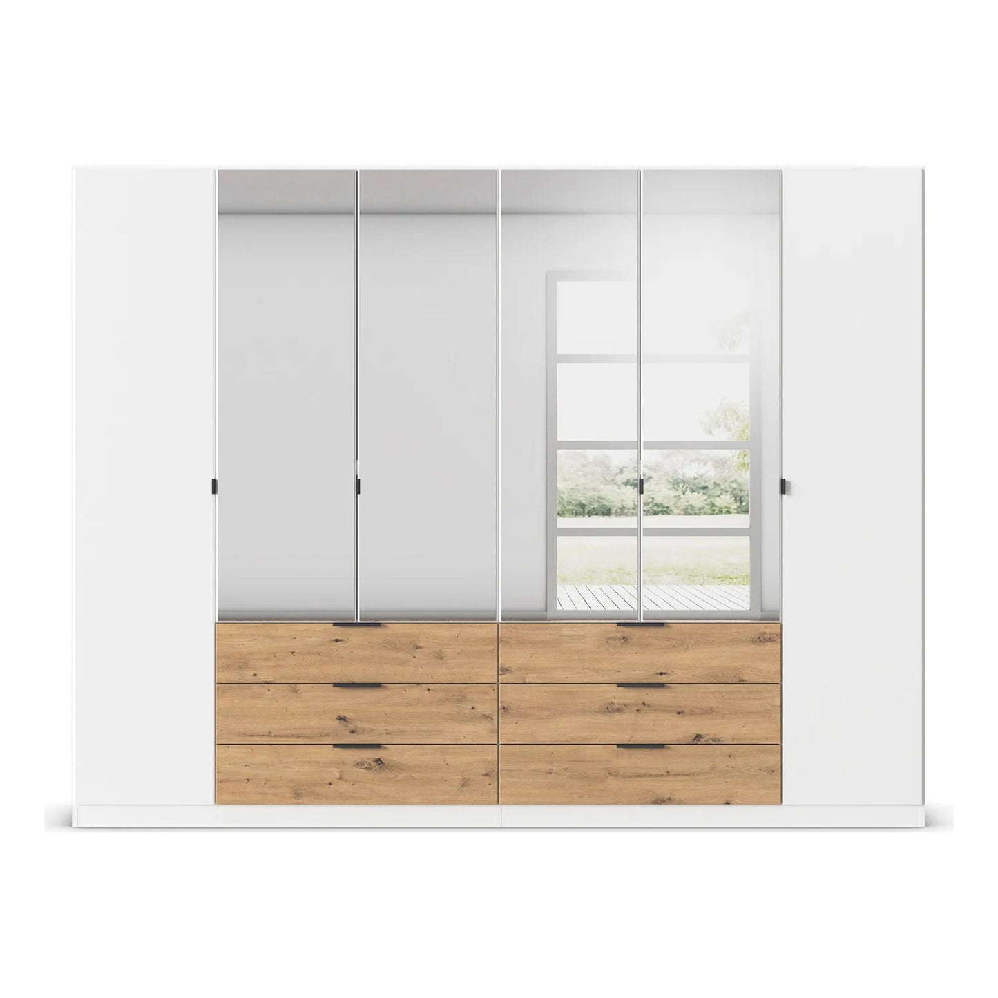 Rauch Davo White 6 Door Wardrobe with Oak Drawers and Mirror – Length 271cm