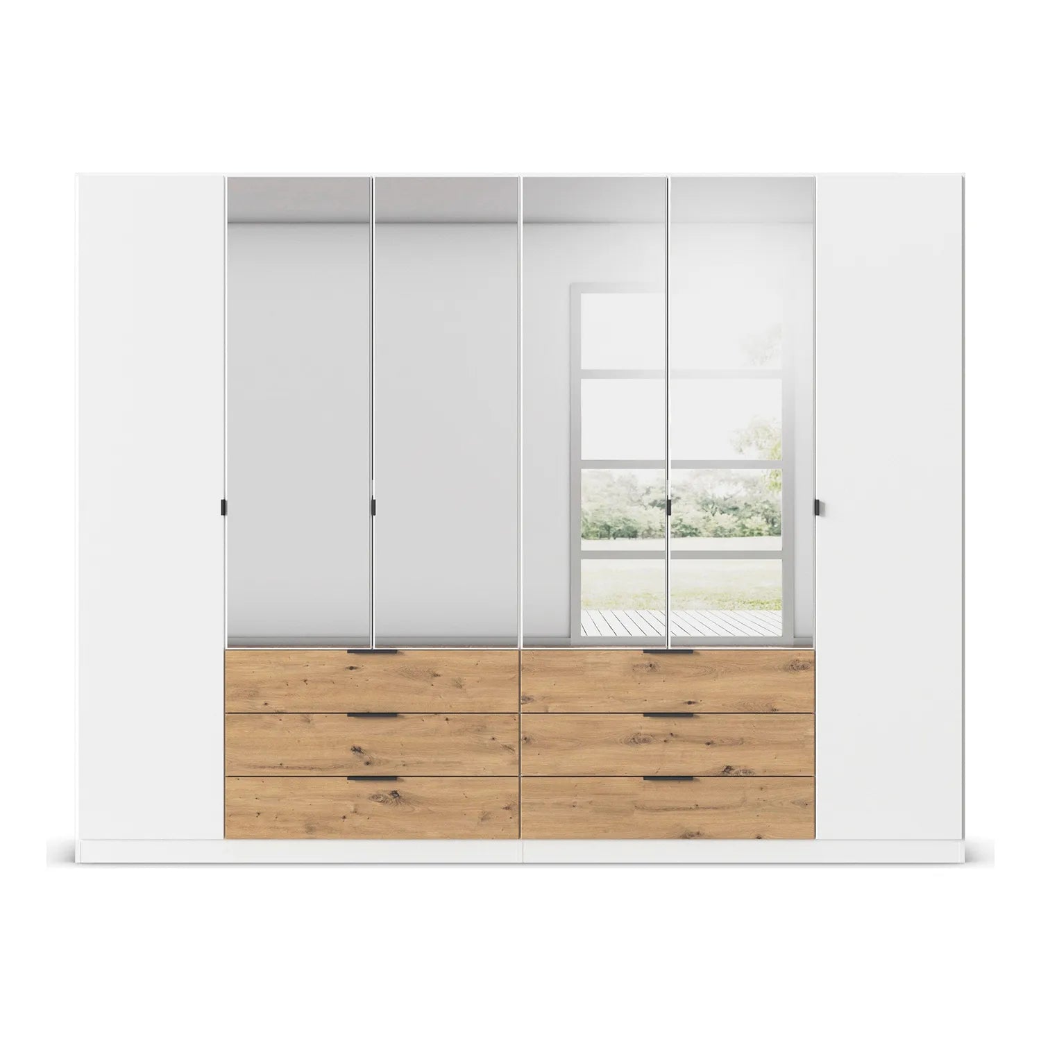 Rauch Davo White 6 Door Wardrobe with Oak Drawers and Mirror – Length 271cm