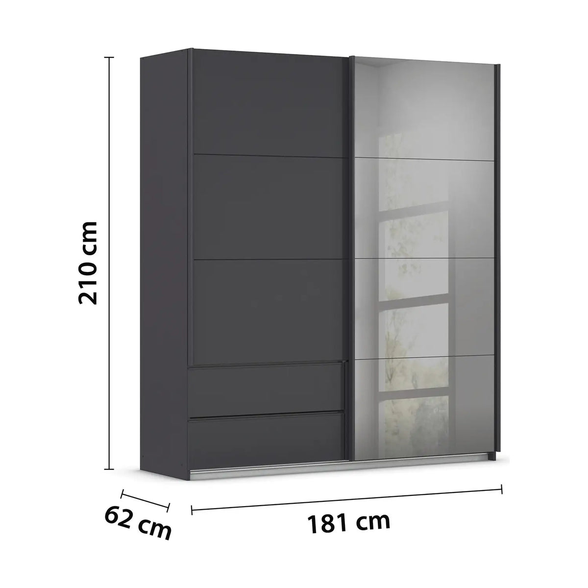 Rauch Orange Elara Metallic Grey 181cm Sliding 2 Door Wardrobe with Drawers & Grey Mirror  and dimensions on a white background