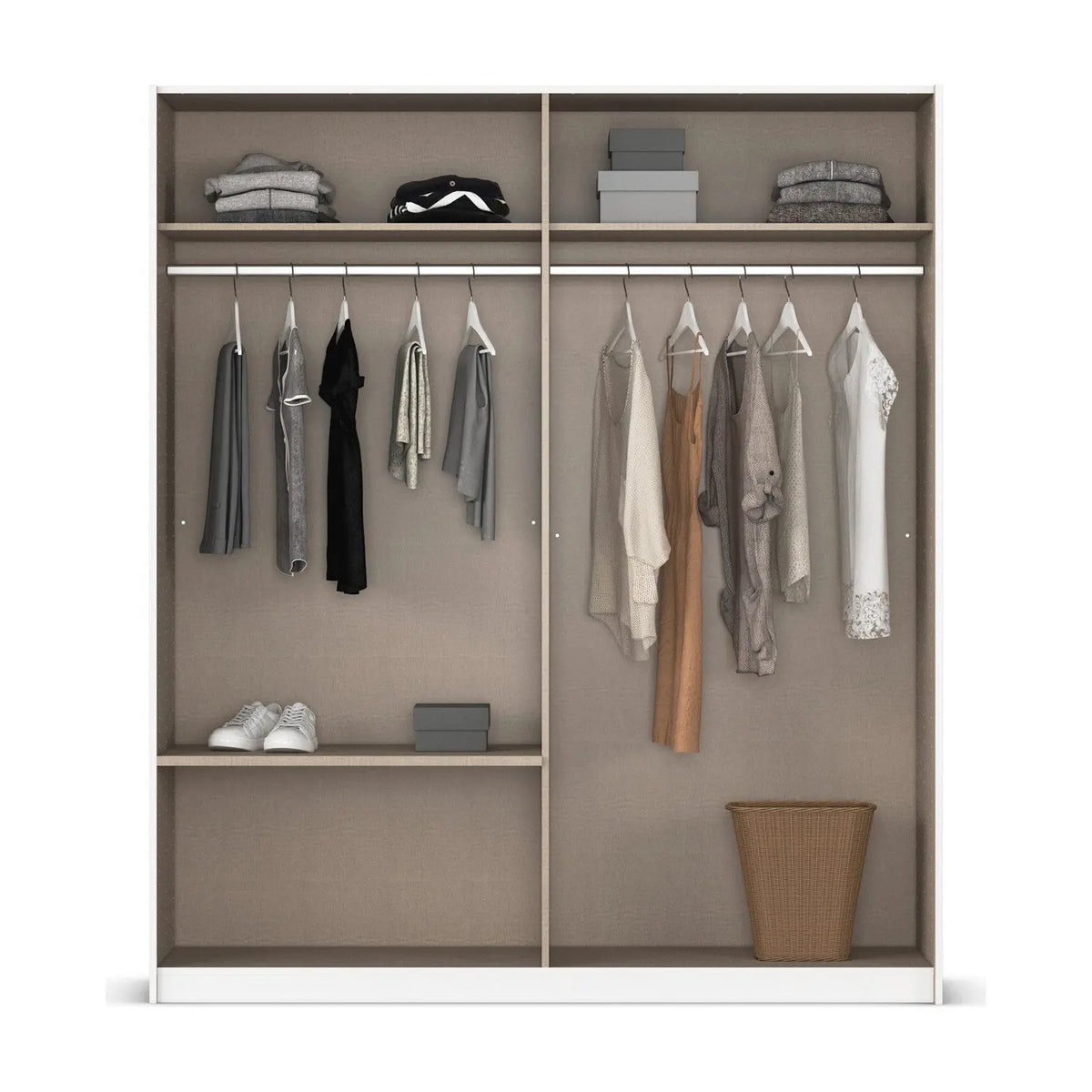 Interior of Rauch Elara Modern Sliding Door Wardrobe With Exterior Drawers, Mirror and Matching White Handle Bars