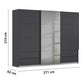 Rauch Orange Elara Metallic Grey  3 Door Sliding Wardrobe with Drawers & Grey Mirror  and measurements on a white background