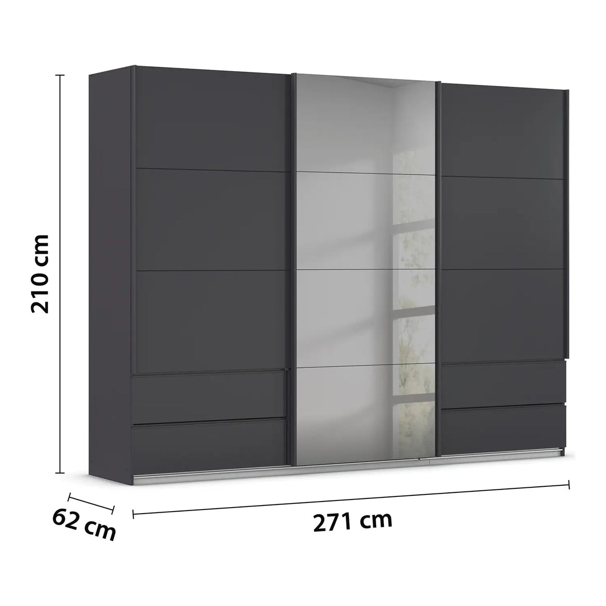 Rauch Orange Elara Metallic Grey  3 Door Sliding Wardrobe with Drawers & Grey Mirror  and measurements on a white background
