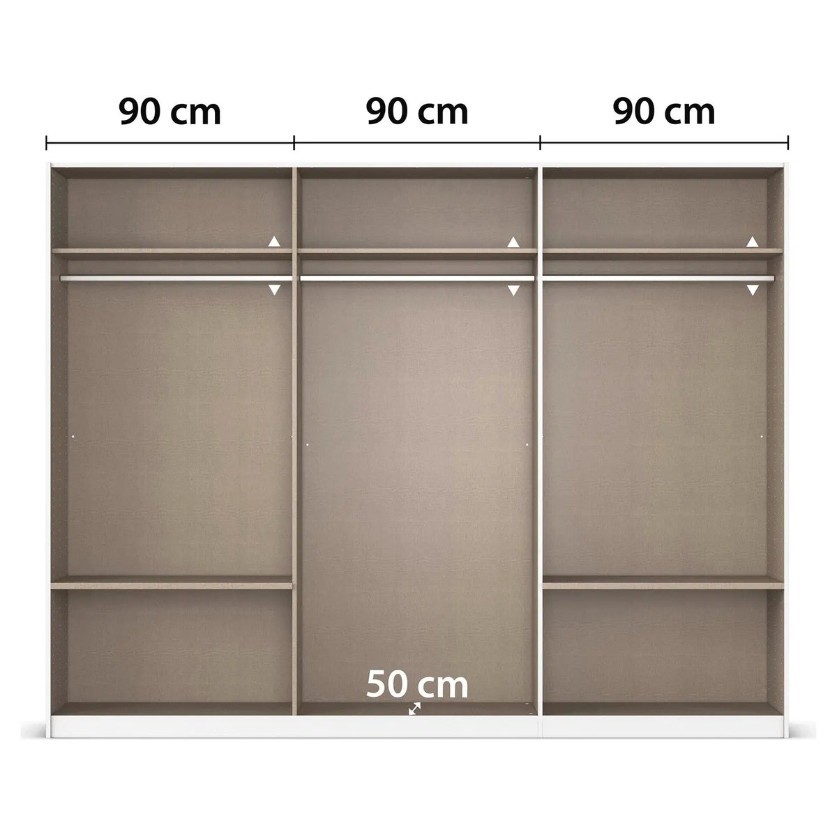 Interior view of Modern Rauch Elara White three door Sliding Wardrobe With Exterior Drawers, Middle Mirror Door and Matching White Handle Bars