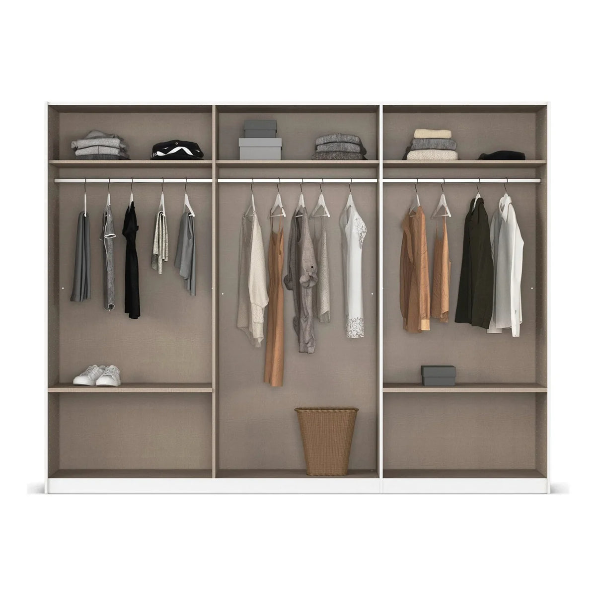 Modern Rauch Elara White three door Sliding Wardrobe With Exterior Drawers, Internal Closet with clothes on hangers and shelves on a white background