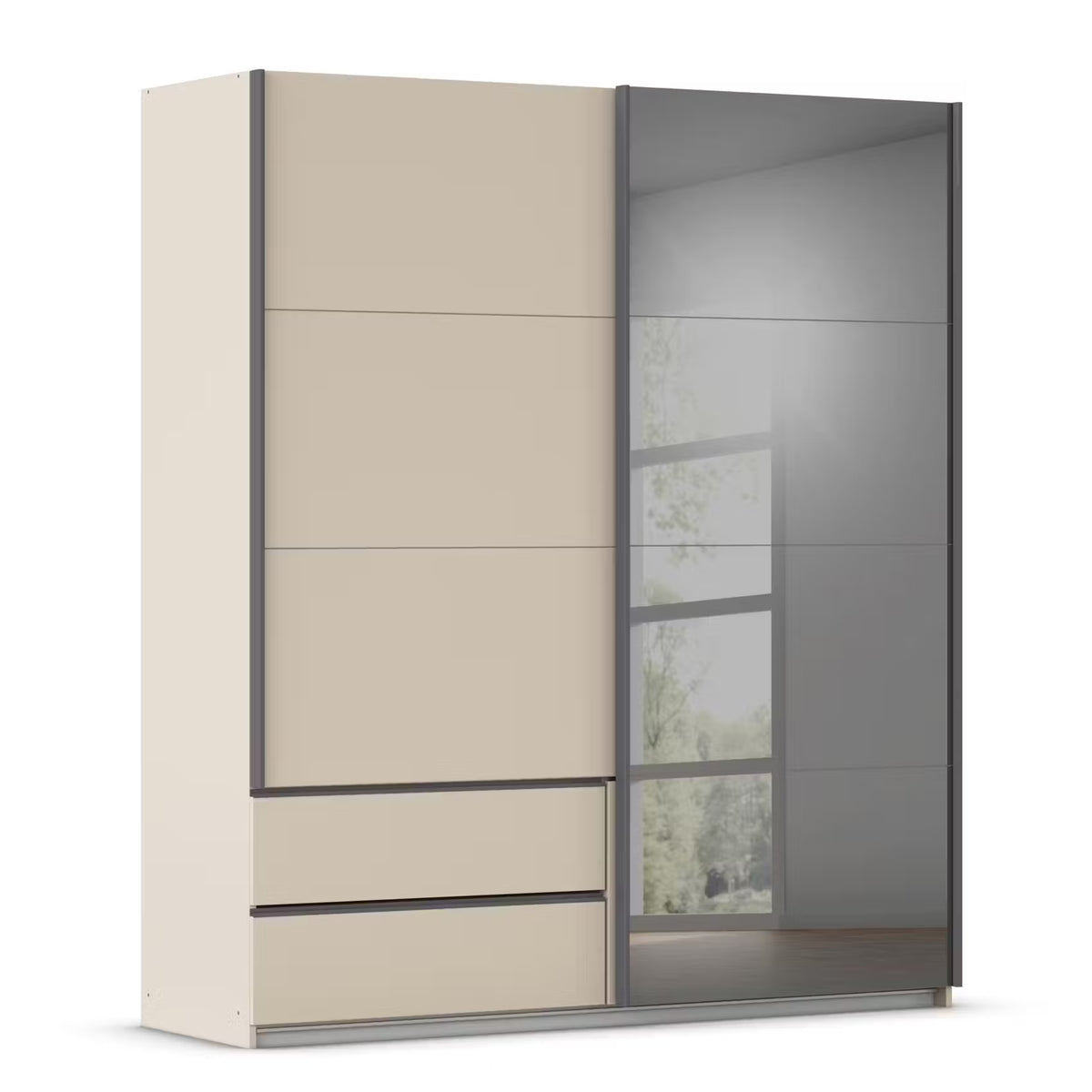 Rauch Orange Elara Champagne 181cm Sliding 2 Door Wardrobe with Drawers under left door & Grey Mirror on the right door and Slate Handles 