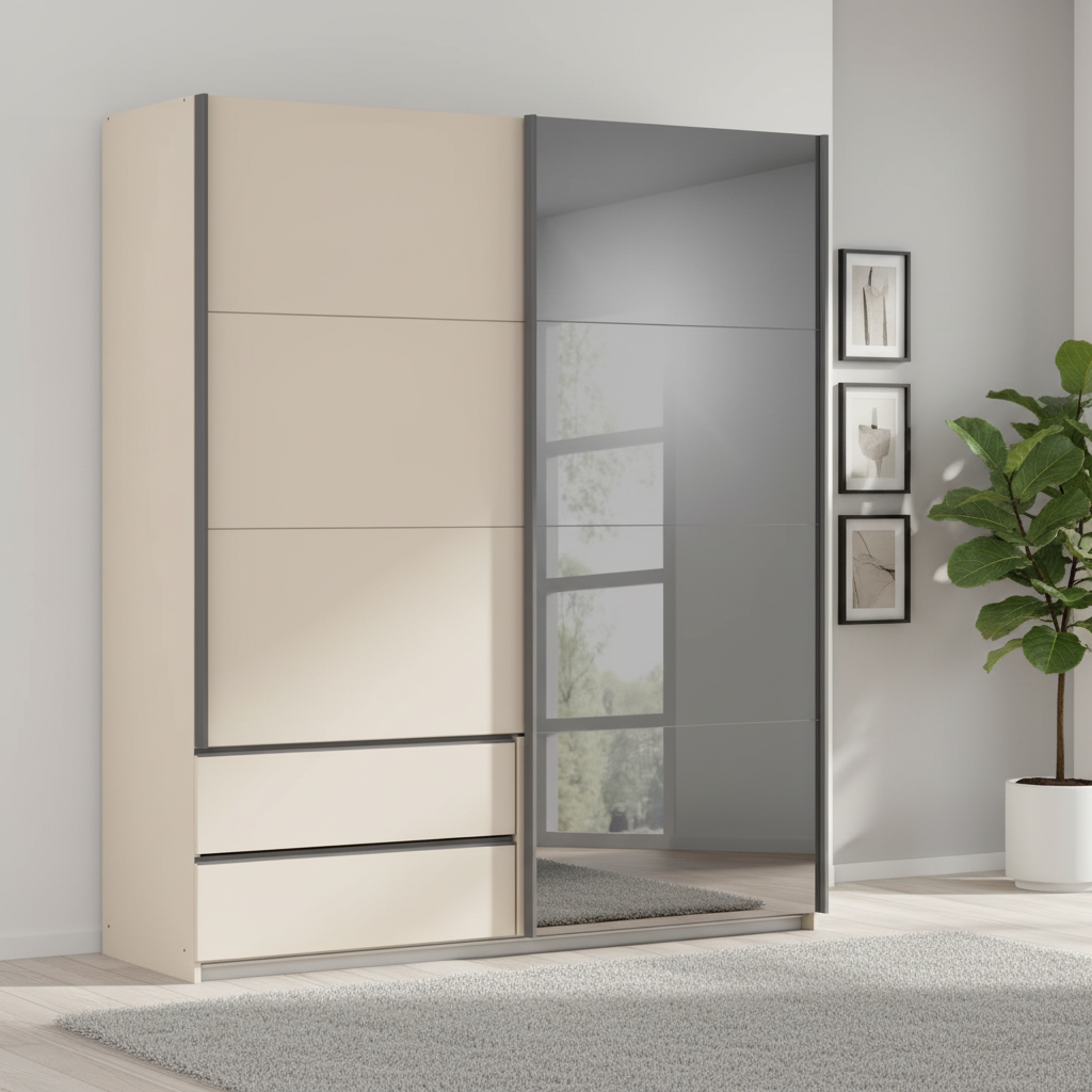 Rauch Orange Elara Champagne 181cm 2 Door Sliding Wardrobe with Drawers under left door & Grey Mirror on the right door 