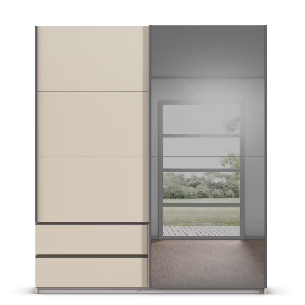 Rauch Orange Elara Champagne 181cm Sliding 2 Door Wardrobe with Drawers under left door & Grey Mirror on the right door and Slate Handles 