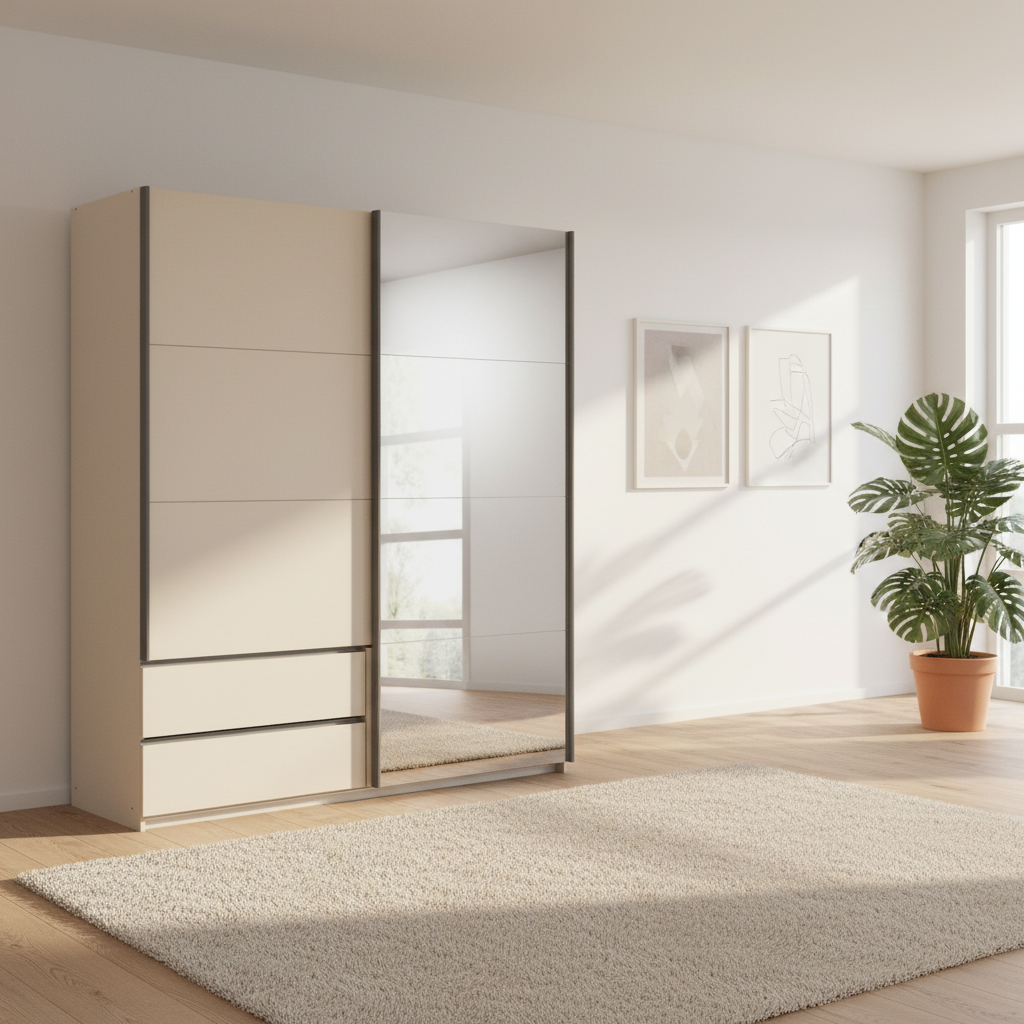 Rauch Elara Modern Champagne Sliding Door Wardrobe With Exterior Drawers, Mirror and Slate Handle Bars