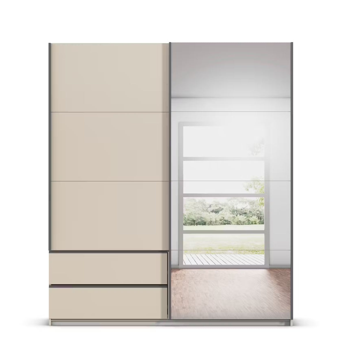 A modern Rauch Elara two Door Champagne Sliding Door Wardrobe with Drawers under left door and Mirror on the right door 