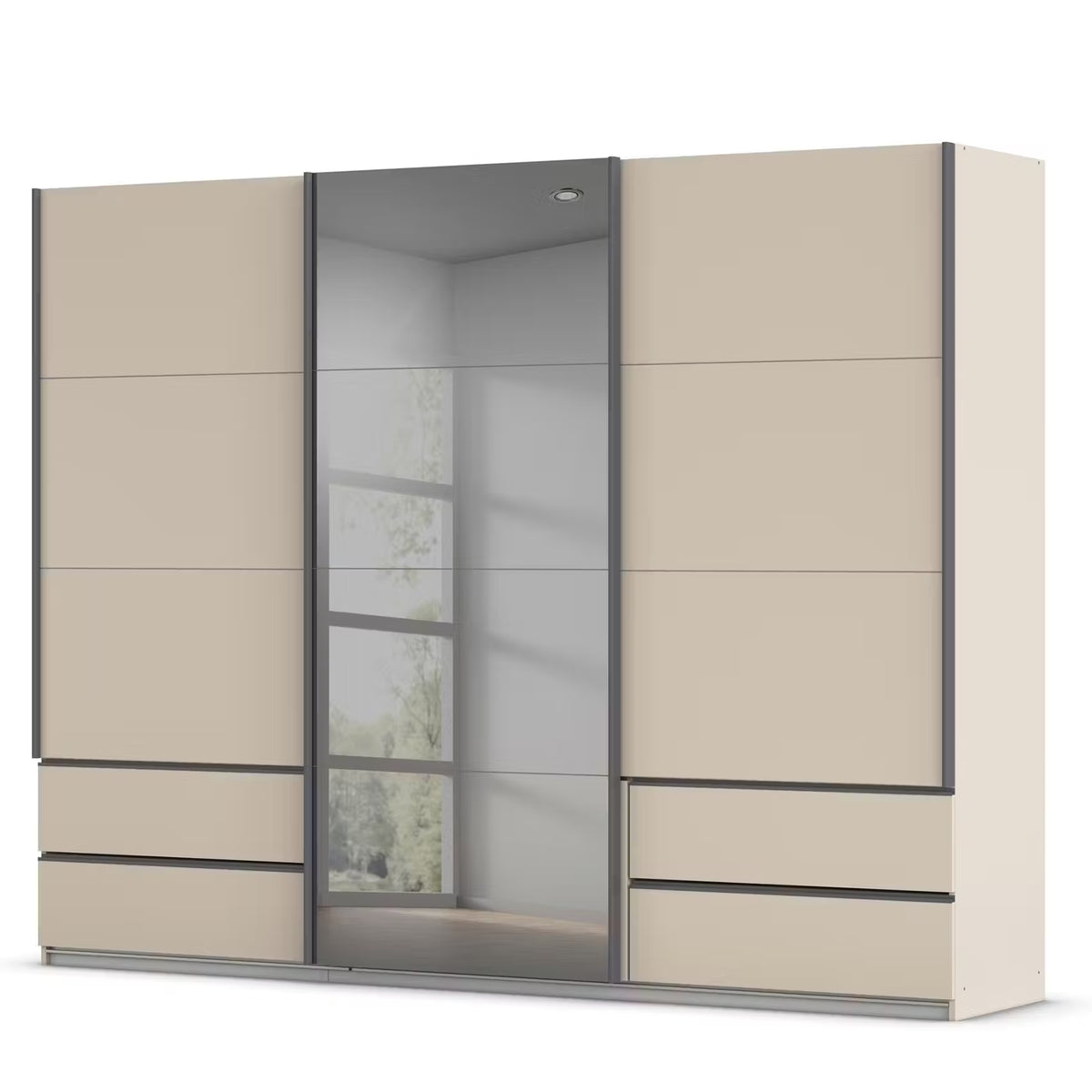 Rauch Orange Elara Chamopagne three door Sliding Wardrobe with Drawers & Grey Mirror on the Middle Door Width 271cm