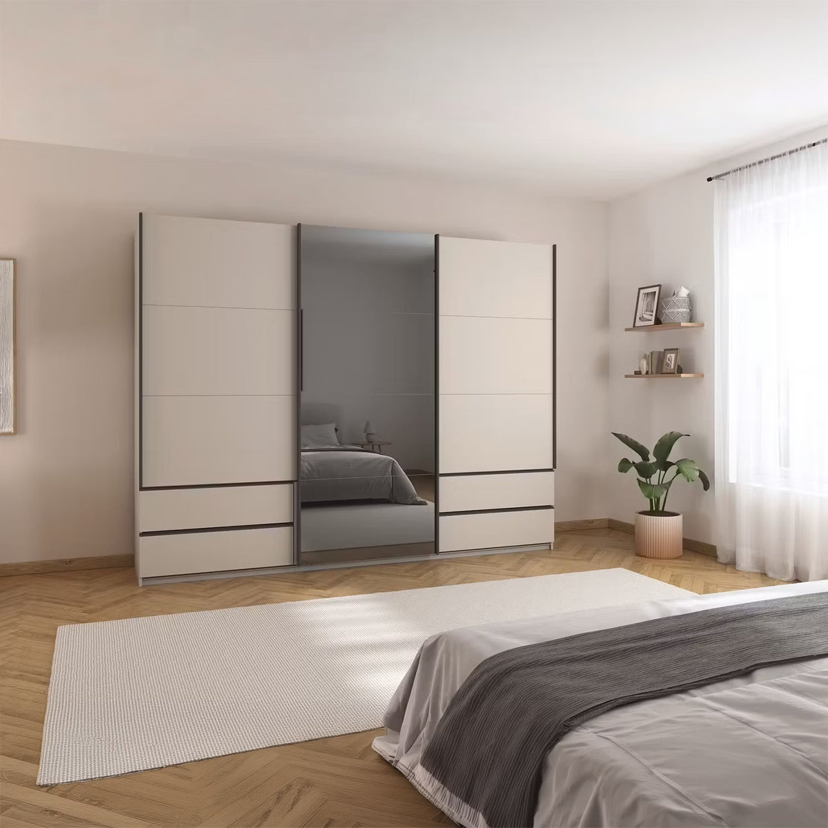 Rauch Orange Elara Champagne 271cm Sliding 3 Door Wardrobe with Drawers & Grey Mirror 