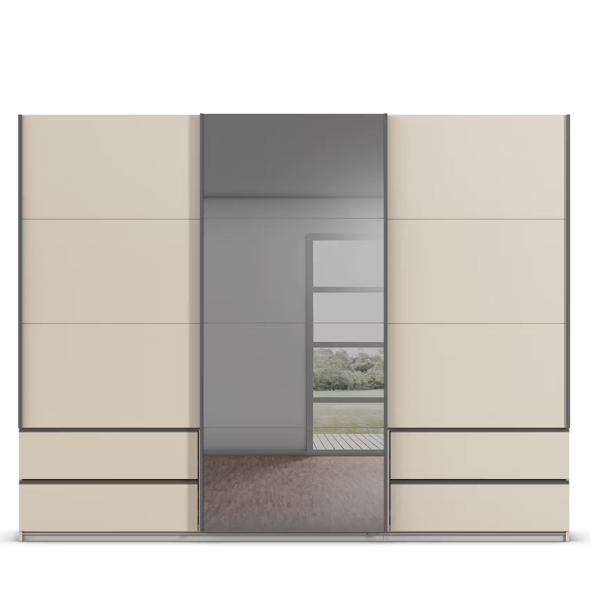 Rauch Orange Elara three door Sliding Wardrobe with Drawers & Grey Mirror on the Middle Door in Champagne