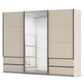 A modern Rauch Elara three Doors Champagne Sliding Door Wardrobe with Drawers under side doors and Middle Mirror Door