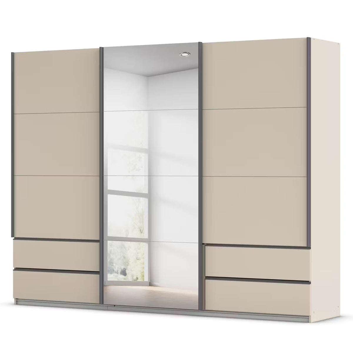 A modern Rauch Elara three Doors Champagne Sliding Door Wardrobe with Drawers under side doors and Middle Mirror Door