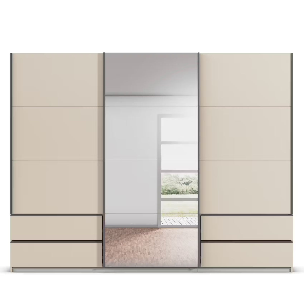 A modern Rauch Elara Large 271cm wide Doors Champagne Sliding Door Wardrobe with Drawers under side doors and Middle Mirror Door