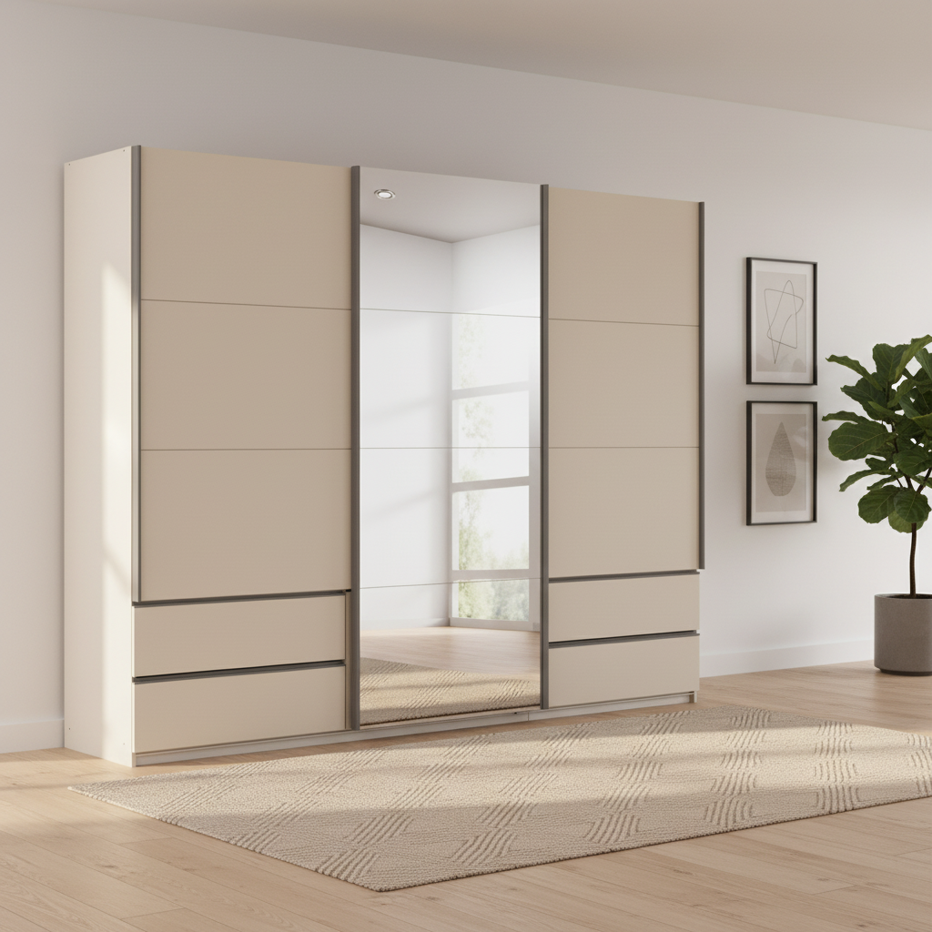 Modern Rauch Elara Champagne three door Sliding Wardrobe With Exterior Drawers, Middle Mirror Door and Slate Handle Bars