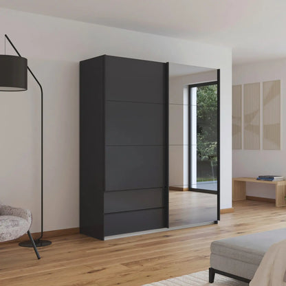 Rauch Orange Elara Metallic Grey 181cm Sliding 2 Door Wardrobe with Drawers & Grey Mirror 