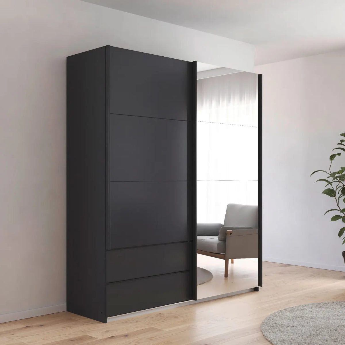 Rauch Elara Modern Metallic Grey Sliding Door Wardrobe With Exterior Drawers, Mirror and Matching Handle Bars