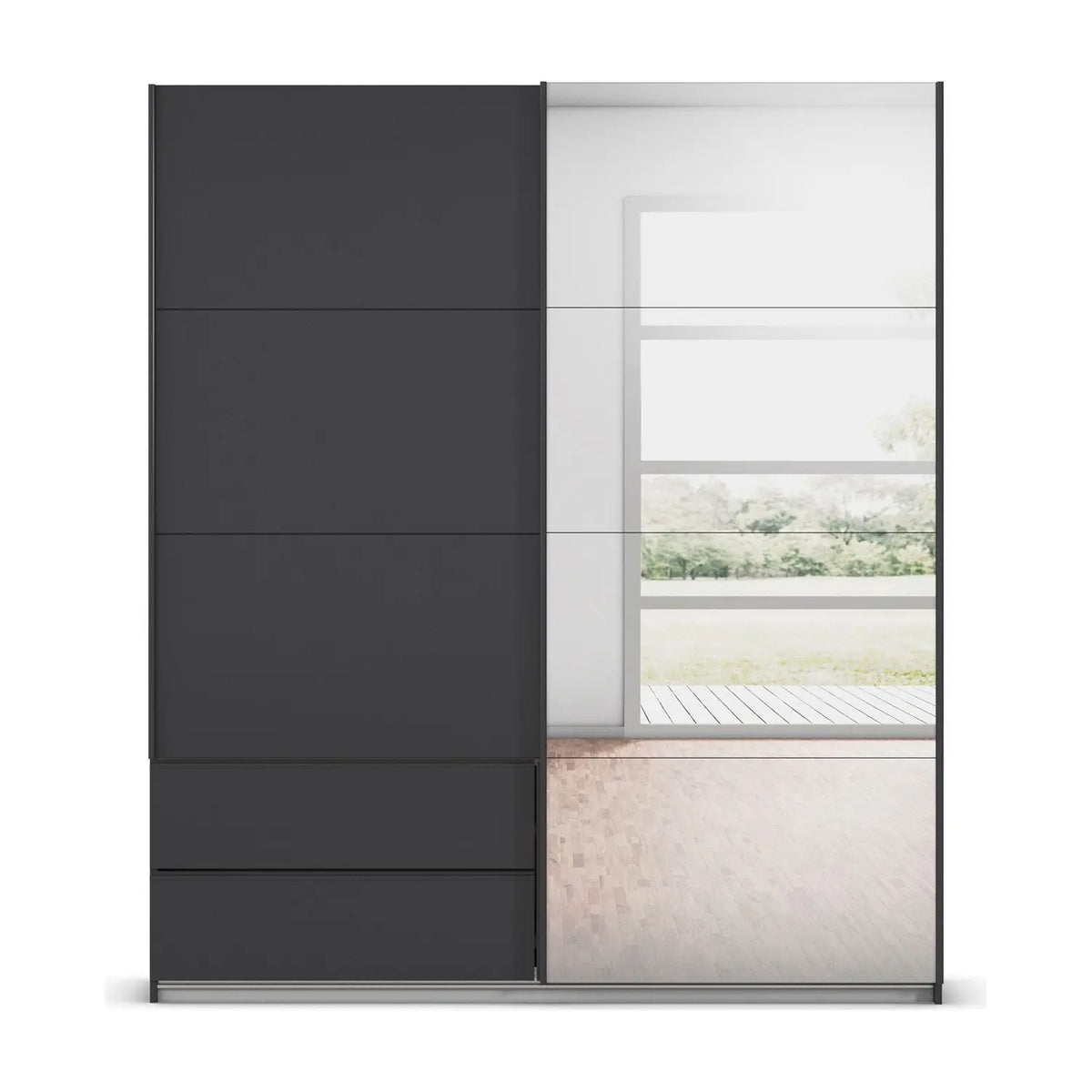 Rauch Elara two Door Metallic Grey Sliding Door Wardrobe with Drawers Under Left Door and Mirror on the right door
