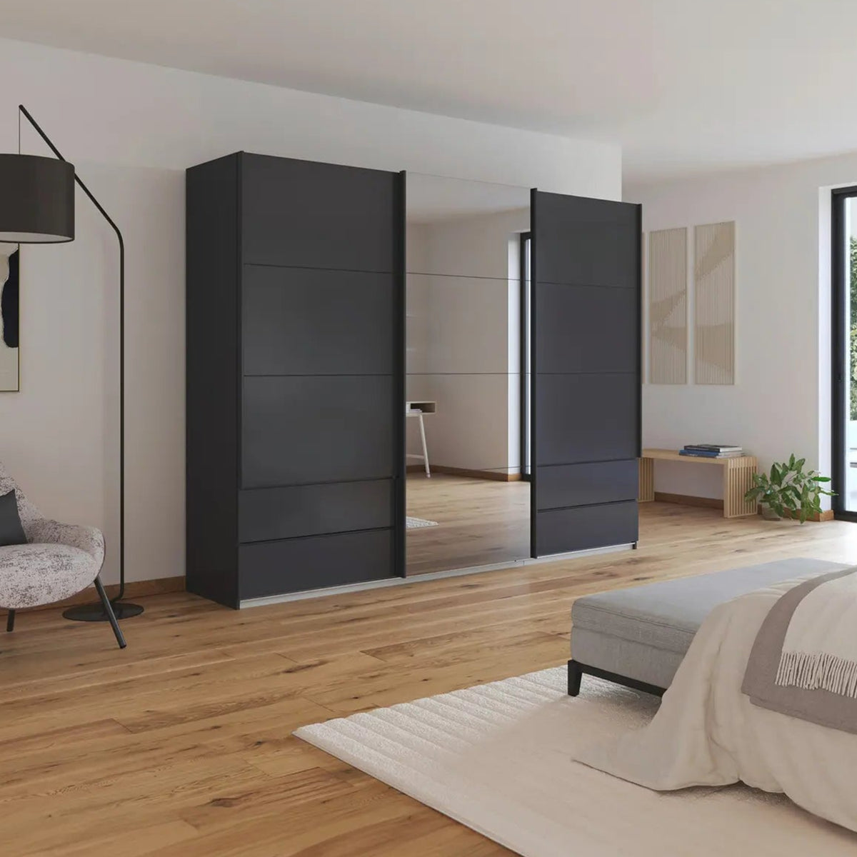 Rauch Orange Elara Metallic Grey Width 271cm Sliding 3 Door Wardrobe with Drawers & Grey Mirror on the Middle Door