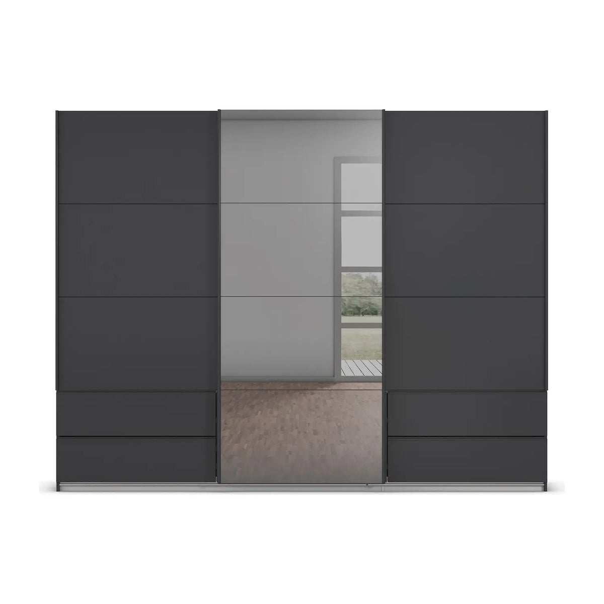 Rauch Orange Elara Metallic Grey three Door Sliding Wardrobe with Drawers under Side Doors & Grey Mirror on the middle door