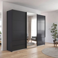 Modern Rauch Elara Metallic Grey three door Sliding Wardrobe With Exterior Drawers, Middle Mirror Door and Matching  Handle Bars