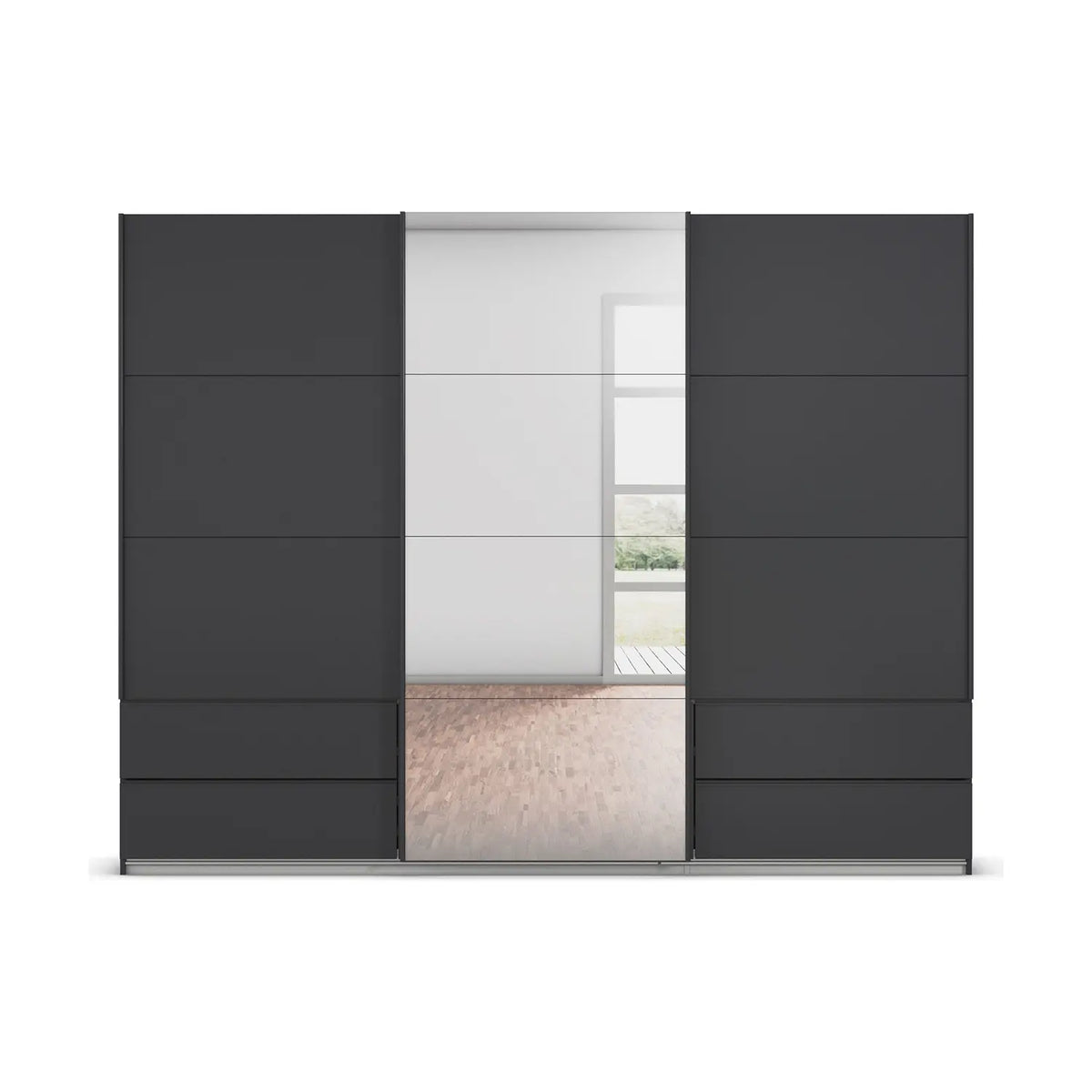 Rauch Elara three Door Metallic Grey Sliding Door Wardrobe with Drawers and Mirror on the Middle Door Width 271cm