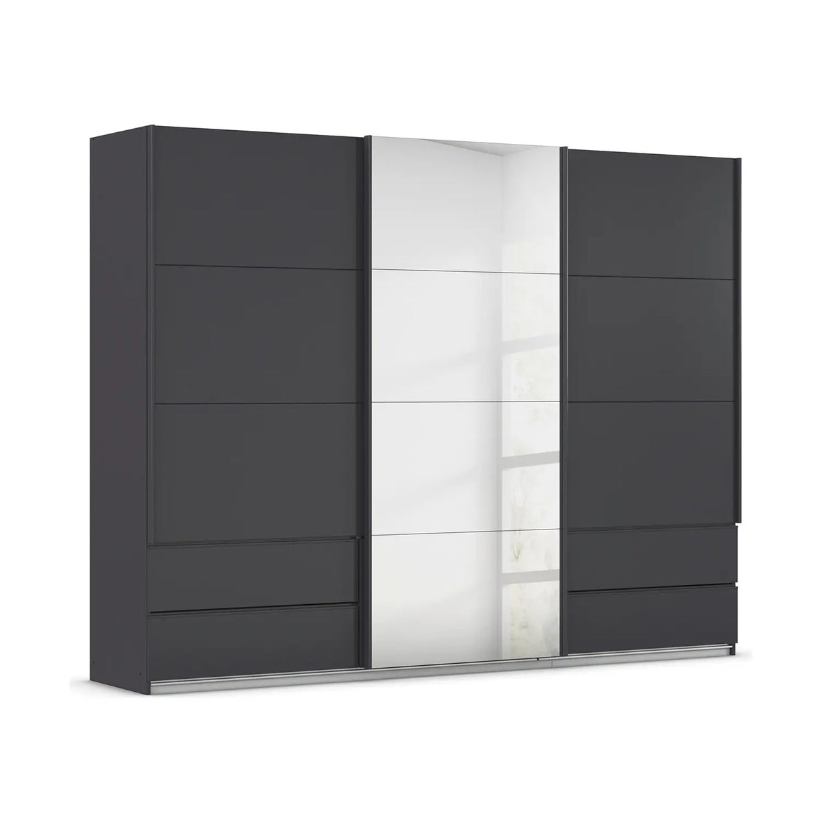Rauch Elara three Door Metallic Grey Sliding Door Wardrobe with Drawers and Middle Mirror Door Width 271cm