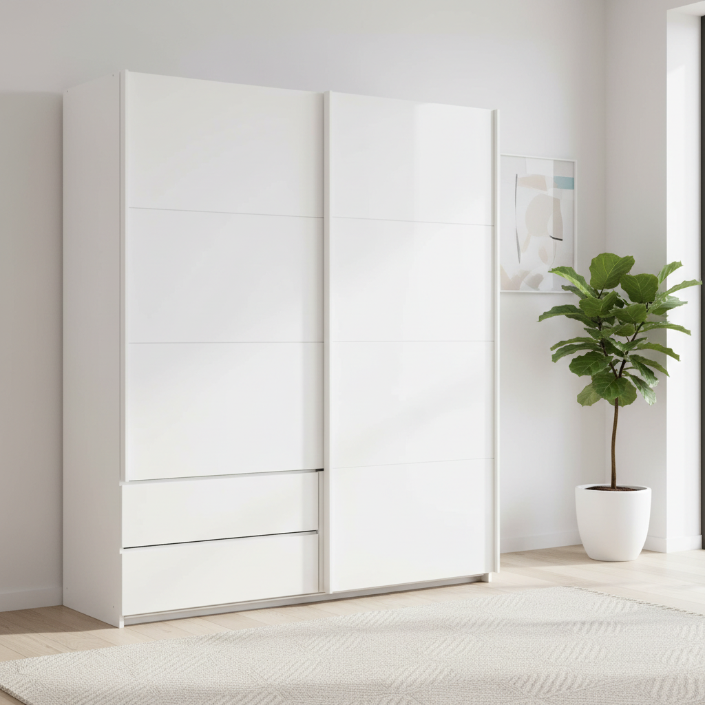 A tall white Rauch Elara sliding wardrobe with two doors and two drawers at the bottom, shown in a bright minimalist room next to a potted green plant.