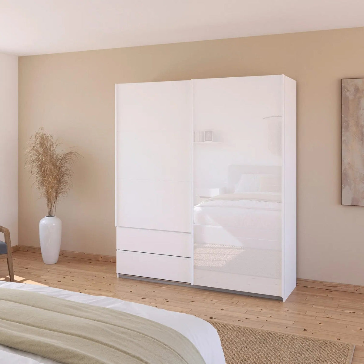 Elon 181cm White 2 Door Sliding Wardrobe with Drawers - Styled in a Bedroom