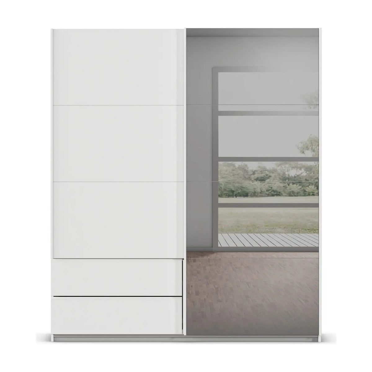 Rauch Orange Elara White 181cm Sliding 2 Door Wardrobe with Drawers & Grey Mirror on the right door
