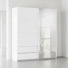 Rauch Elara Modern White Sliding Door Wardrobe With Exterior Drawers, Mirror and Matching White Handle Bars