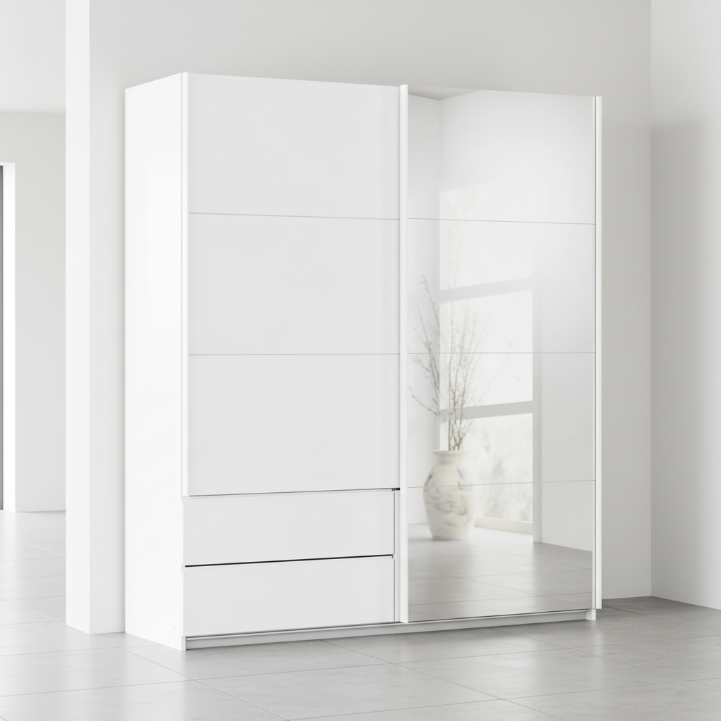 Rauch Elara Modern White Sliding Door Wardrobe With Exterior Drawers, Mirror and Matching White Handle Bars