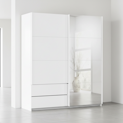 Rauch Elara Modern White Sliding Door Wardrobe With Exterior Drawers, Mirror and Matching White Handle Bars