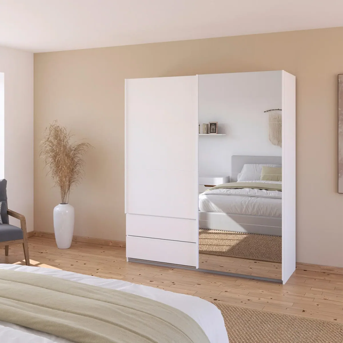 Rauch Elara Modern White two door Sliding Wardrobe With Exterior Drawers, Mirror and Matching White Handle Bars