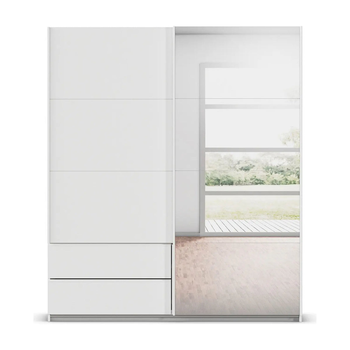 Rauch Elara two Door White Sliding Door Wardrobe with Drawers Under Left Door and Full Mirror on Right Door
