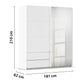 Rauch Elara Modern White Sliding Door Wardrobe With Exterior Drawers, Mirror and Matching White Handle Bars with dimensions indicated on a white background